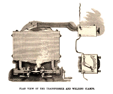 Schematische Zeichnung: Transformator und Schweißapparatur