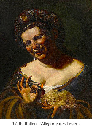 Gemälde: Frau mit brennendem Zündholz u. Zunderschwamm - 17.Jh, IT