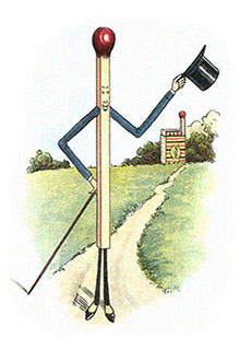 kolorierte Zeichnung: Streichholz als Mann mit Stock und Zylinder ~1930, GB