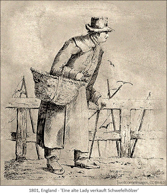 Federzeichnung: alte Lady am Stock verkauft Schwefelhölzer - 1801, GB