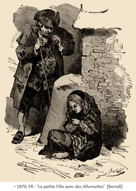 Zeichnung: das kleine Mädchen im Schnee in einer Mauernische sitzend ~1870