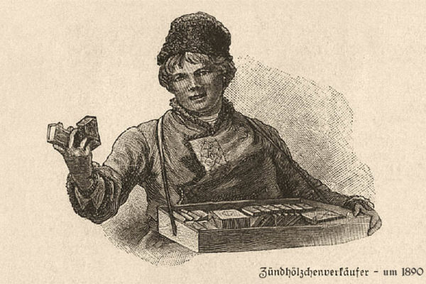Kupfertstich: Streichholzverkäufer mit Bauchladen