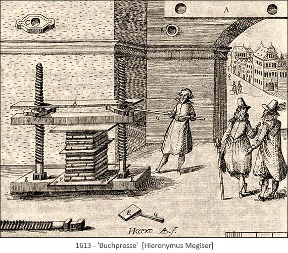 Kupferstich: Mann betätigt Buchpresse mit Hebel - 1613