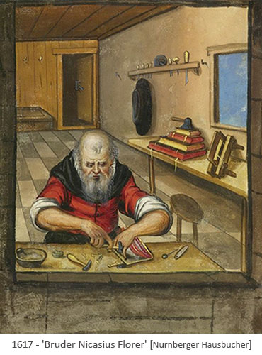 Buchmalerei: Bruder Florer bindet an Arbeitstisch Buchblock in einen Einband ein - 1617