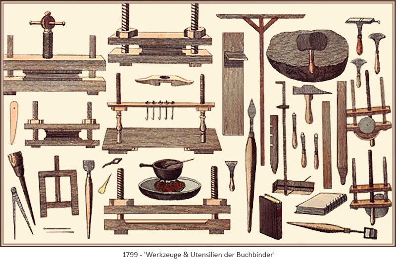 Farblitho: viele Buchbinderwerkzeuge - 1799