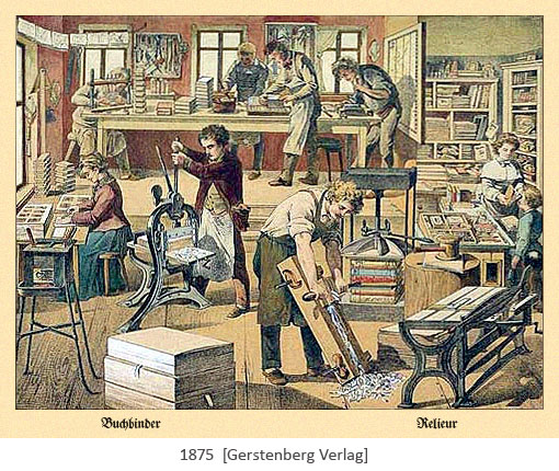 Farblitho: geschäftiges Treiben in einer Buchbinderei - 1875