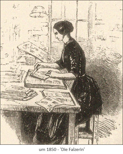 Kupferstich: Frau falzt Papierbögen mit Falzbein ~1850