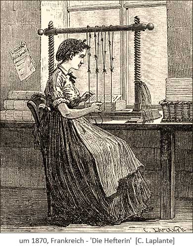 Kupferstich: Hefterin arbeitet sitzend an Heftlade vor Fenster ~1870, FR