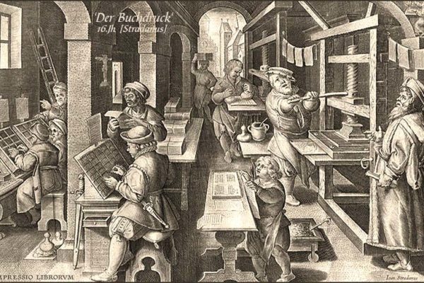 Kupferstich: verschieden Arbeitsschritte in Buchdruckerei - 16. Jh