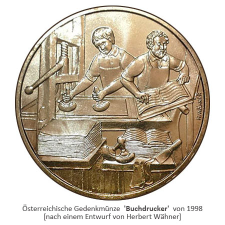 goldene Münze mit 2 arbeitenden Buchdruckern - 1998, Österreich