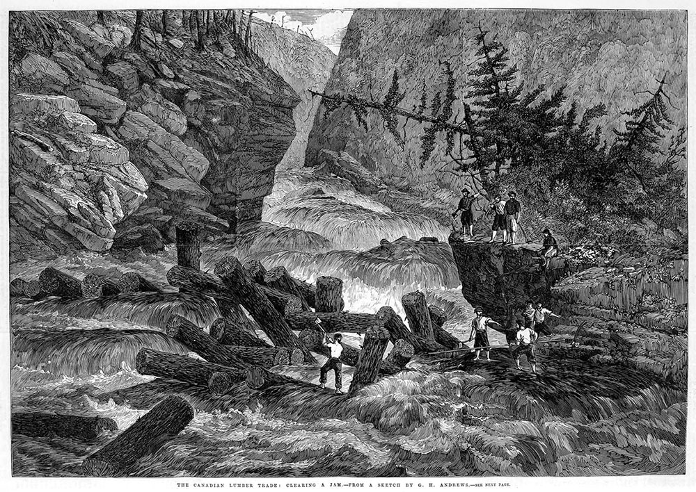 sw-Zeichnung: Holzfäller schmeißen gefällte Baumstämme in strömenden Fluss