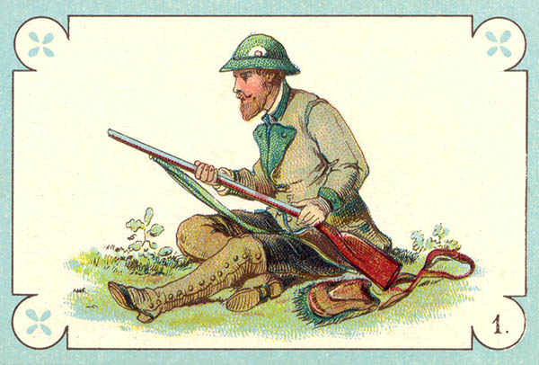 alte Spielkarte: Jägert lauert im Sitzen mit seinem Gewehr