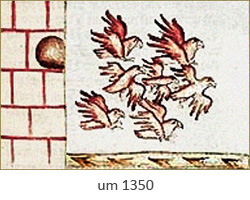 Buchmalerei: Tauben fliegen aus Turm ~1350