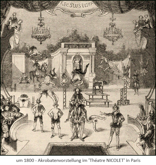 Kupferstich: mehrere Akrobaten führen Kunstücke auf Theaterbühne vor ~1800, FR