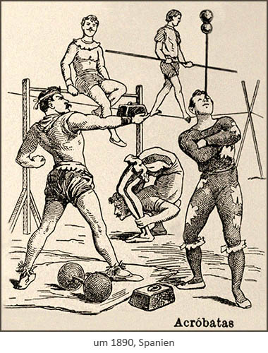 Federzeichnung: 5 verschiedene Akrobaten ~1890, Spanien