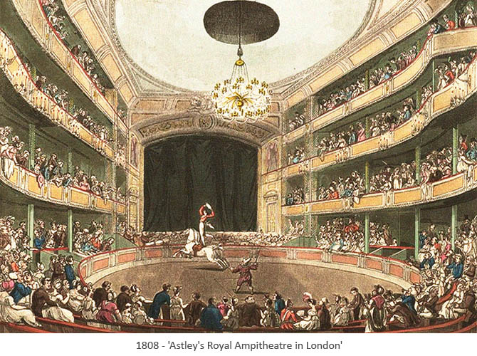 kolorierter Stich: Astley's Royal Ampitheatre in London - 1808