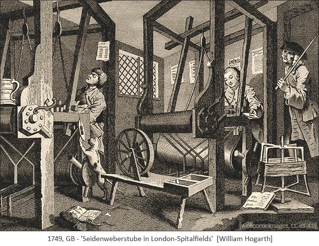 Kupferstich: 2 Seidenweber an Webstühlen und Aufseher mit geschultertem Stock - 1749, GB