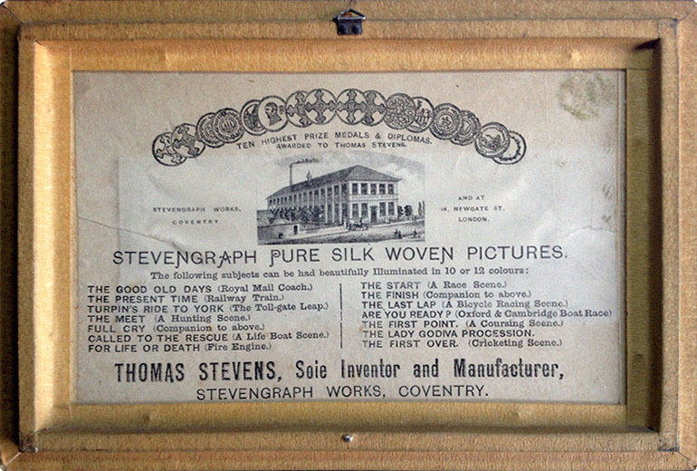 Seidenwebbild: Rückseite mit Aufdruck von Stevengraph Works - 1860, GB