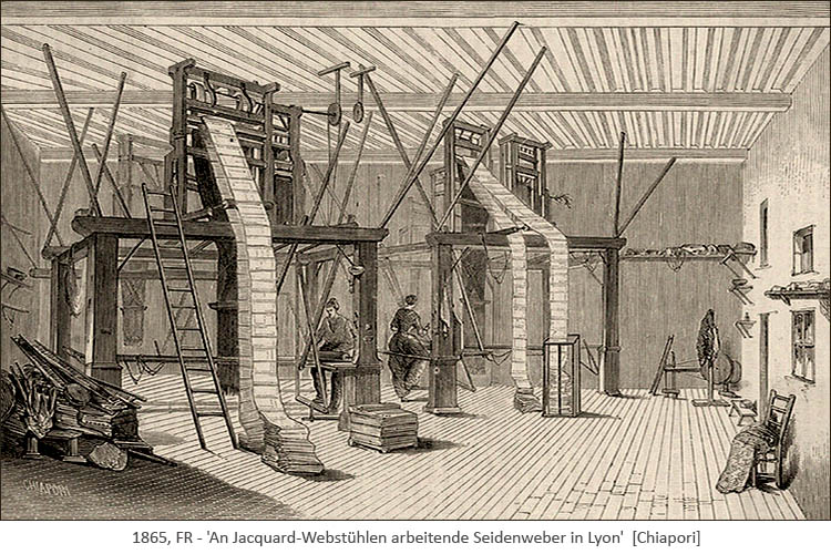Kupferstich: an Jacquard-Webstühlen arbeitende Seidenweber - 1865, FR
