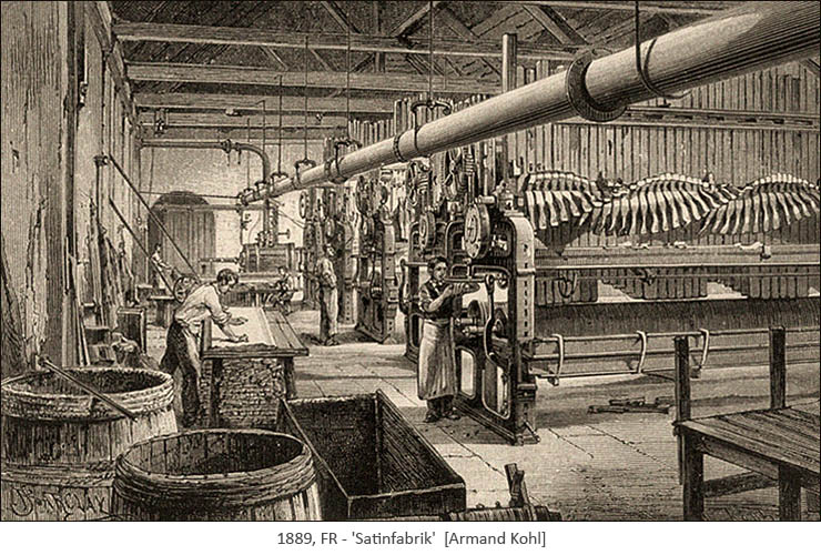 Kupferstich: Blick in eine Satinfabrik - 1889, FR