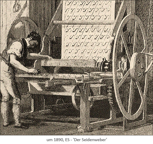 Kupferstich: Seidenweber im Stehen am Webstuhl arbeitend ~1890, ES