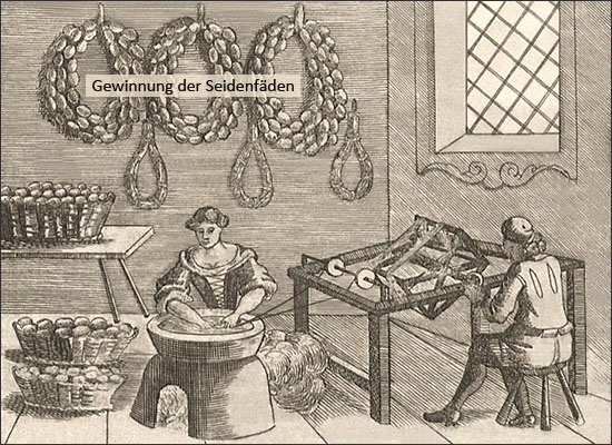 Kupferstich: Gewinnung der Seidenfäden - 1695