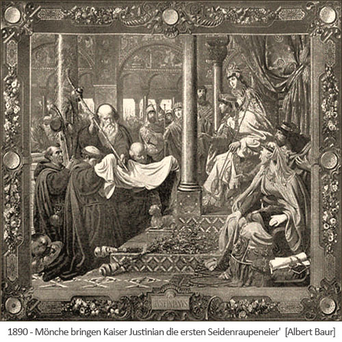 Kupfestich: Mönche bringen Kaiser Justinian die ersten Seidenraupeneier - 1890