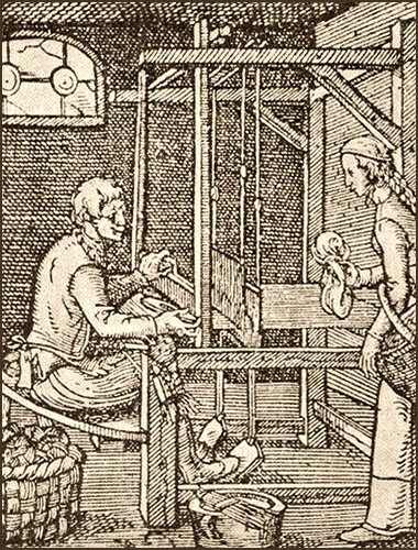 Holzschnitt: Frau bringt Garn zu Weber am Webstuhl - 1568