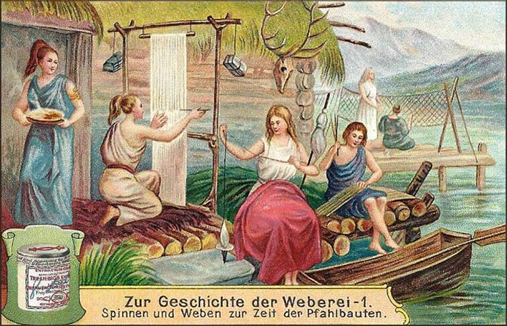 Sammelbild: Handspinnerin und Weberin an vertikalem Webrahmen - 1906