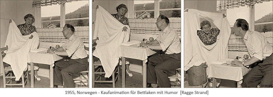 3 sw Fotos: Frau schaut durch großes Joch in Laken, um Mann von Neukauf zu überzeugen - 1955, NO