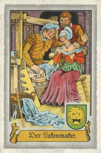Sammelbild: Lakenmacher am Webstuhl preist Bürgerin seinen Lakenstoff an ~1575