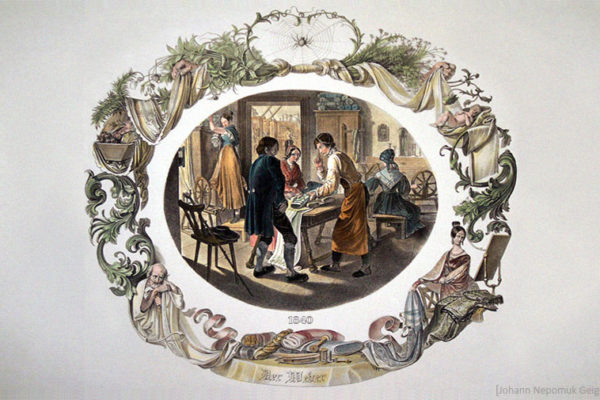 Farblitho: Paar kauft Stoff bei Weber in der Werkstatt - 1840, AT