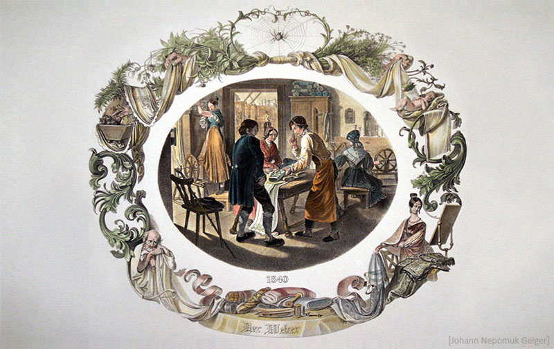 Farblitho: Paar kauft Stoff bei Weber in der Werkstatt - 1840, AT