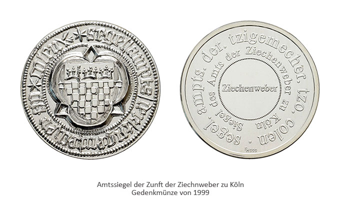 Farbfoto: silberne Gedenkmünze von 1999 mit Amtssiegel der Kölner Ziechenweber