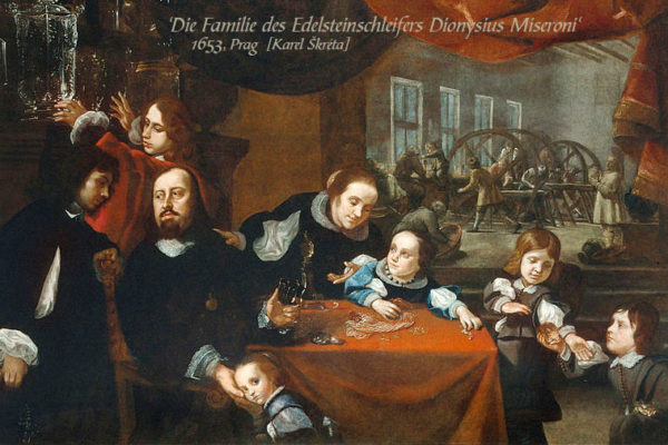 Gemälde: Familie des Edelsteinschleifers Dionysius Miseroni mit Werkstatt im Hintergrund - 1653, Prag