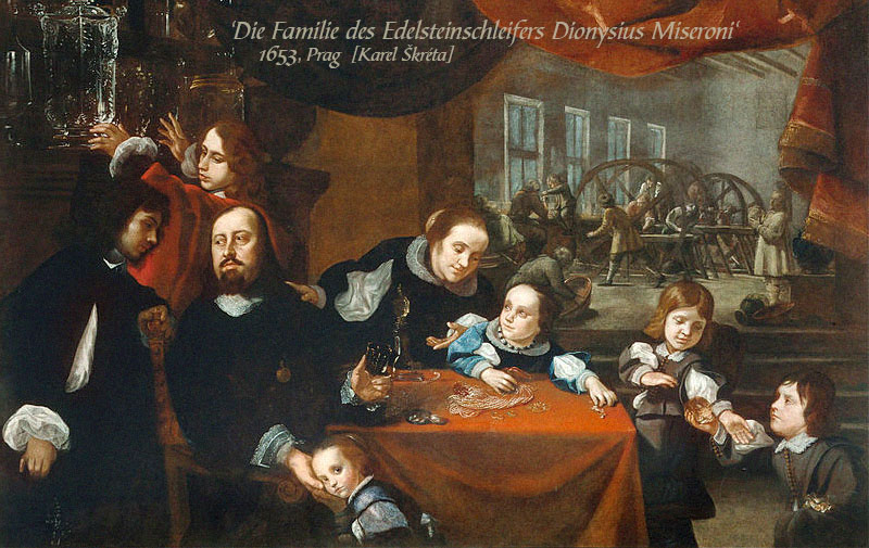 Gemälde: Familie des Edelsteinschleifers Dionysius Miseroni mit Werkstatt im Hintergrund - 1653, Prag