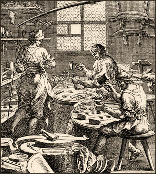Kupferstich: drei in Werkstatt arbeitende Fingerhüter - 1698