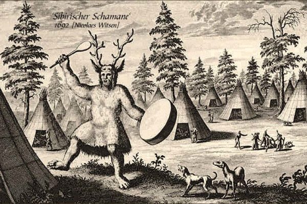Tuschezeichnung: Sibirischer Schamane mit Geweih auf dem Kopf und Trommel - 1692