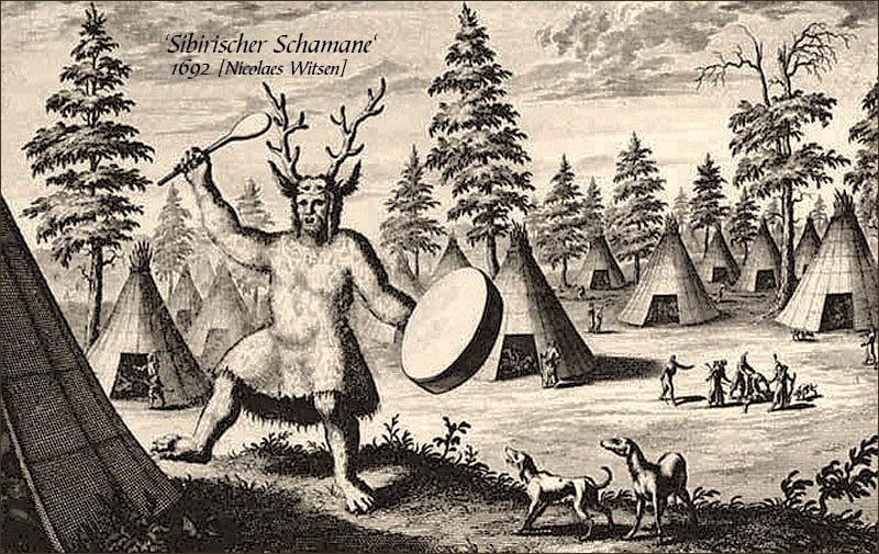 Tuschezeichnung: Sibirischer Schamane mit Geweih auf dem Kopf und Trommel - 1692