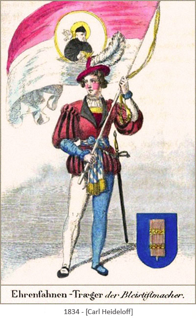 kolorierte Zeichnung: Ehrenfahnenträger der Bleistiftmacher Zunft - 1834