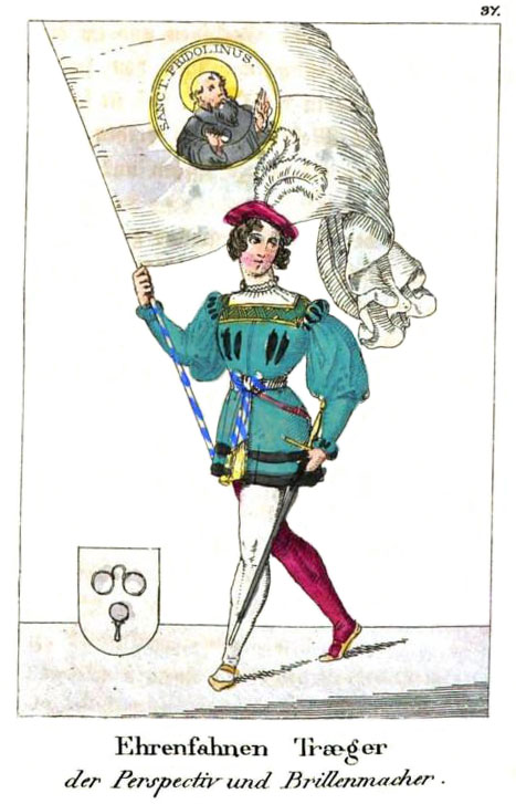 kolorierte Zeichnung: Mann im Kostüm mit großer Fahne