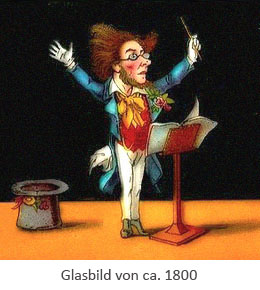 Hinterglasmalerei: kanarienvogelbunt gekleideter Dirigent ~1800