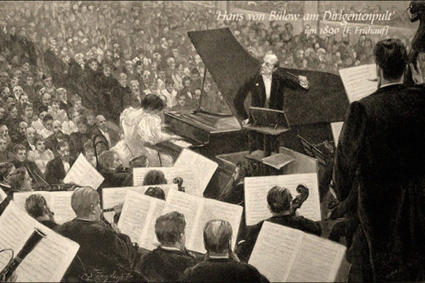 Holzstich: Hans v. Bülow dirigiert Konzertorchester ~1890