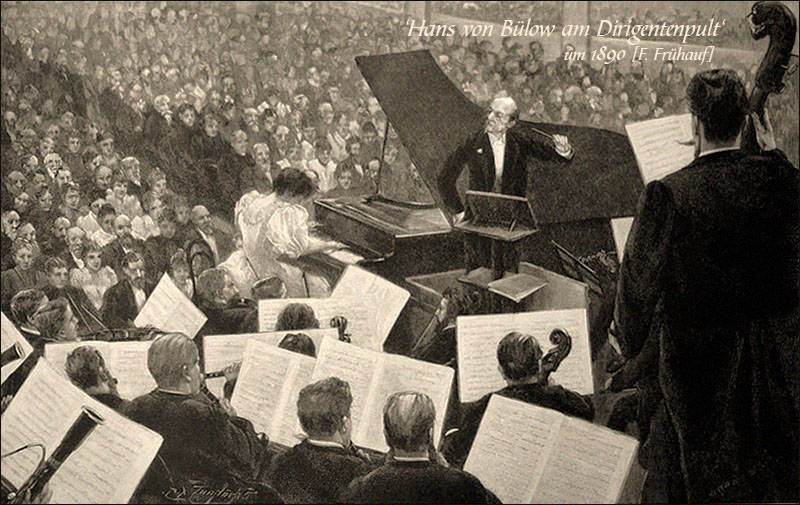 Holzstich: Hans v. Bülow dirigiert Konzertorchester ~1890