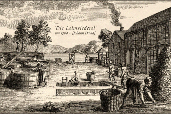 Kupferstich: mehrere Leimmacher bei verschiedenen Arbeitsschritten ~1760