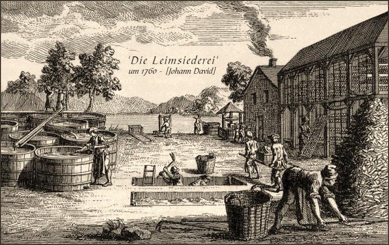 Kupferstich: mehrere Leimmacher bei verschiedenen Arbeitsschritten ~1760