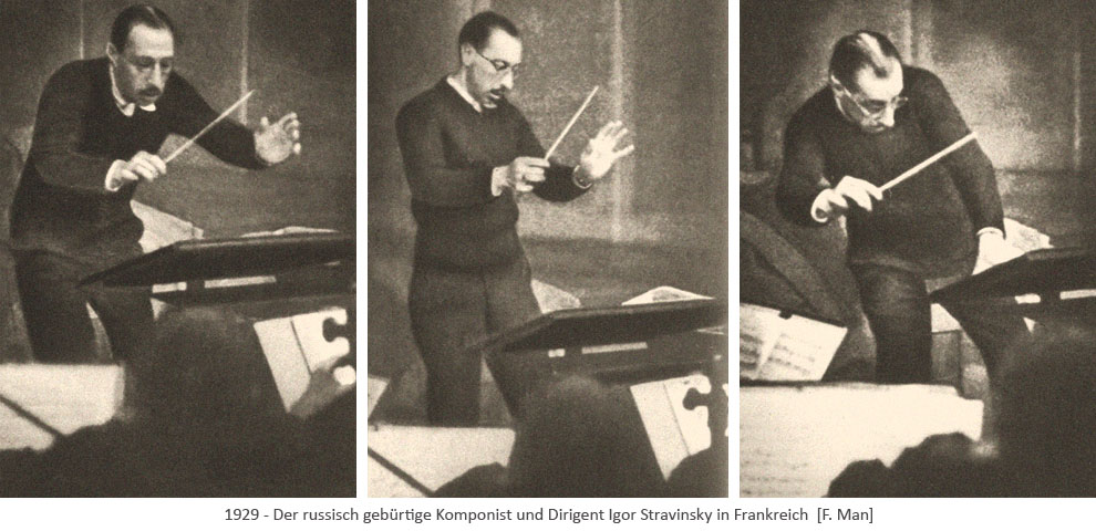 3 sw Fotos: Igor Stravinsky beim Dirigieren - 1929, FR