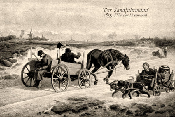 sw Gemäldefoto: Sandtransport per Pferdewagen, Hundekarre und Rückentrage - 1855