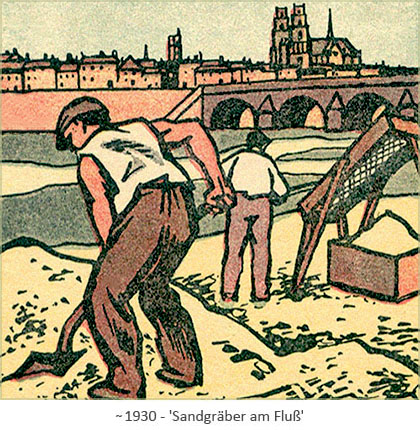 Farblitho: Sandgräber am Fluß ~1930