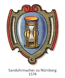 Farblitho: Zunftwappen der Sanduhrmacher zu Nürnberg - 1574